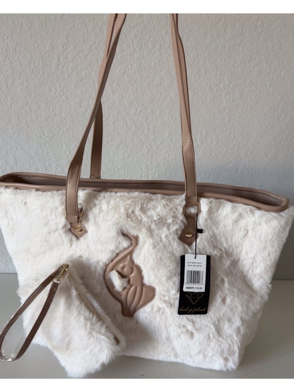Baby Phat Faux Fur XL Tote Bag Cream Tan W/Matching Wristlet Y2K Logo Cat NEW